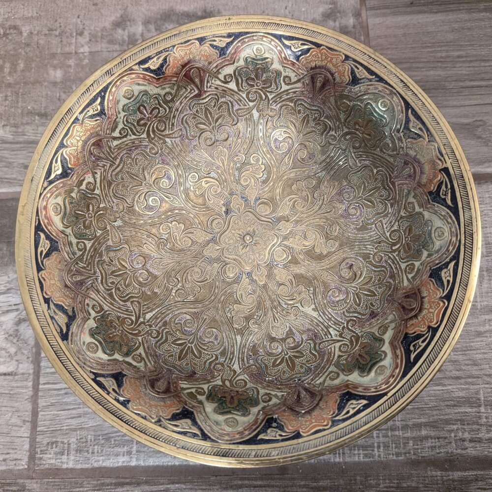 Vintage Brass Engraved Footed Bowl India Persian Floral 8"